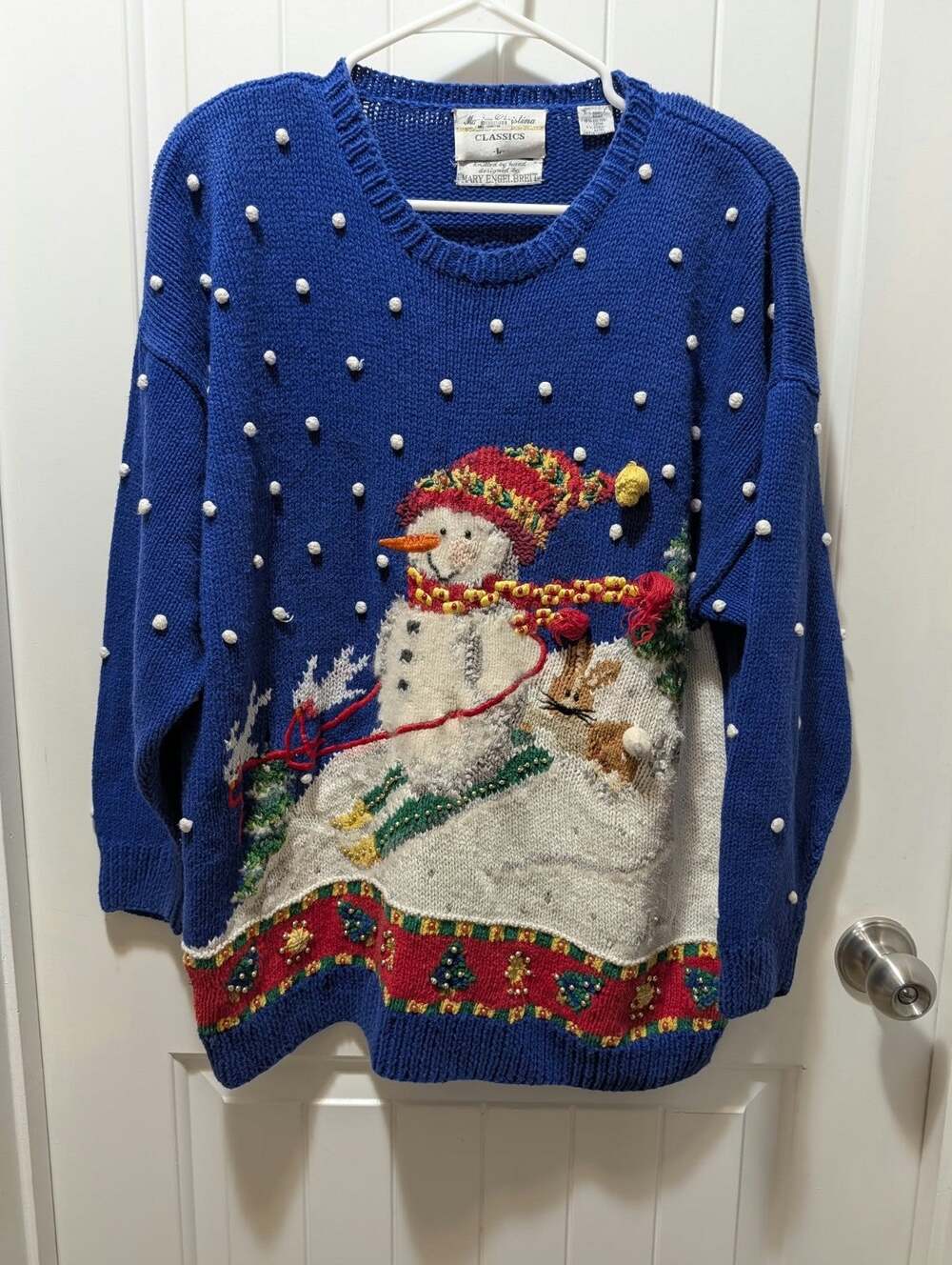 Vintage Handmade Marisa Christina Women's L Blue Snowman Ugly Christmas Sweater